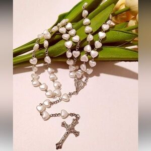 Elegant White Heart Rosary Necklace, White Heart Rosary